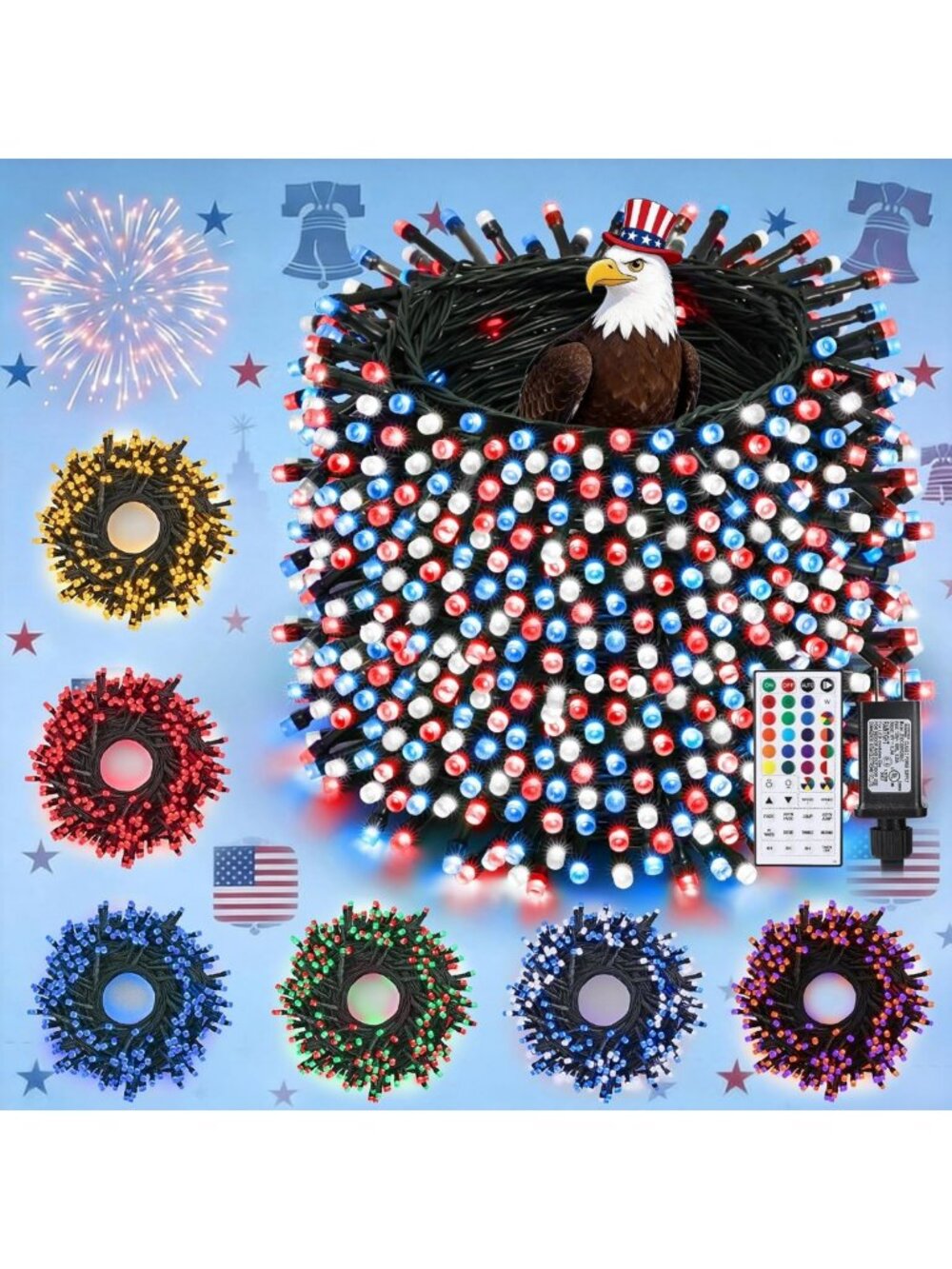 115ft RGB Color Changing String Lights - 300 LED Outdoor/Indoor Patriotic Decor